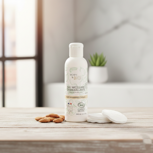 Acqua micellare mandorla ambientata